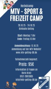 MTV Sportcamp-Ankündigung mit Daten, Preis und Kontaktinfos auf blauem Hintergrund, Kinder oben und unten abgebildet.