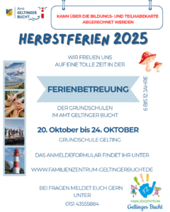 Herbstferienbetreuung 2025 im Amt Geltinger Bucht, 20.-24. Oktober, für Kinder 6-12 Jahre, Anmeldung online.
